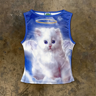 显瘦无袖 千禧辣妹风蓝色猫咪印花背心女修身 上衣内搭 hoodie y2k