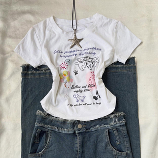 美式 T恤卡通小狗气球印花甜妹风不规则下摆上衣 复古白色收腰短袖
