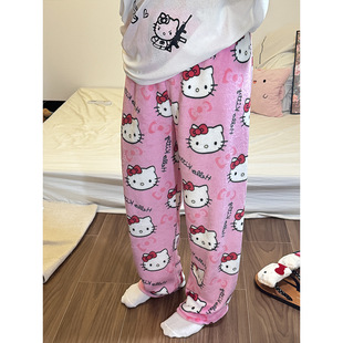 法兰绒卡通KT猫睡裤厚女士秋冬新款加绒保暖居家遛弯裤休闲裤跨境