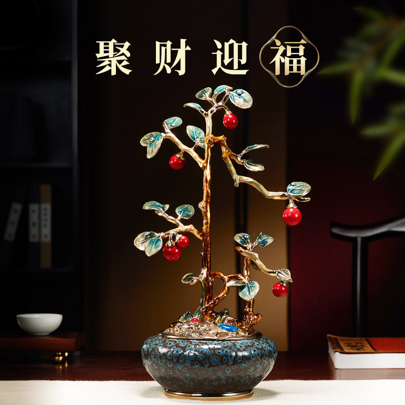 新款珐瑯彩聚宝盆发财树桌面摆件招财新店公司开业礼物高档摆件