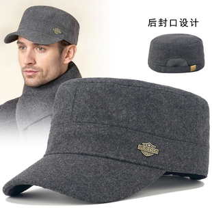 冬季后封口真羊毛呢平顶帽子男士大头围保暖加绒防风帽光头鸭舌帽