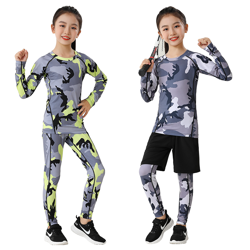 儿童紧身衣训练服套装女童篮球足球打底迷彩速干衣运动跑步健身服