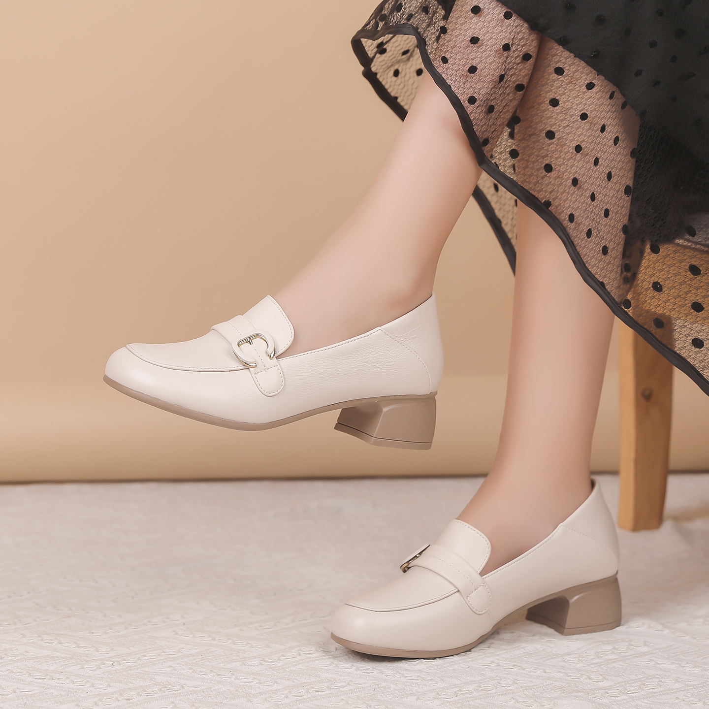 真皮粗跟乐福鞋百搭气质女单鞋