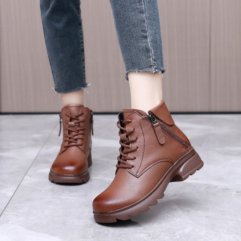 全牛皮厚底马丁靴大码短靴