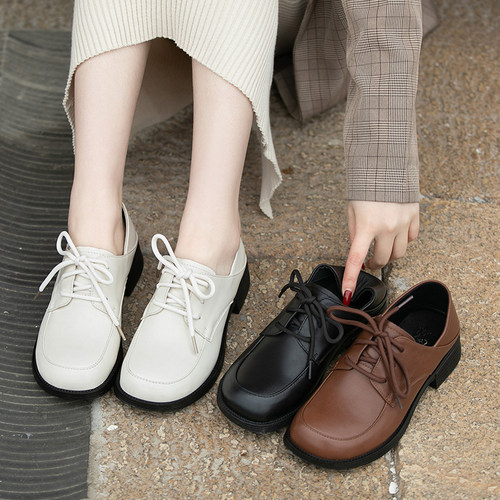 小皮鞋休闲系带深口真皮软皮单鞋