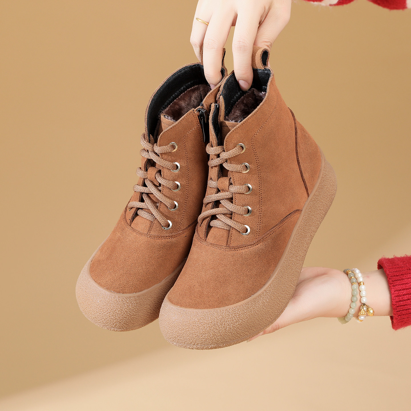 真皮反绒厚底马丁靴女冬季新款平底防滑短靴加绒加厚妈妈靴子复古