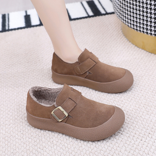 女款 一脚蹬毛毛鞋 秋季 厚底增高妈妈鞋 加绒棉鞋 真皮宽头复古勃肯鞋