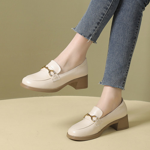 粗跟乐福鞋简约真皮软皮女鞋大码