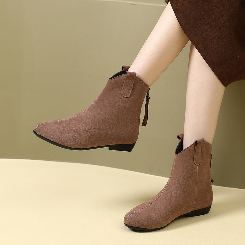 百搭平底短靴磨砂牛皮女靴大码