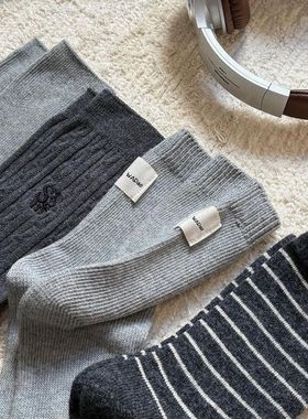 春秋冬清冷感灰色系袜子韩系穿搭条纹布标纯色中筒百搭堆堆袜简约