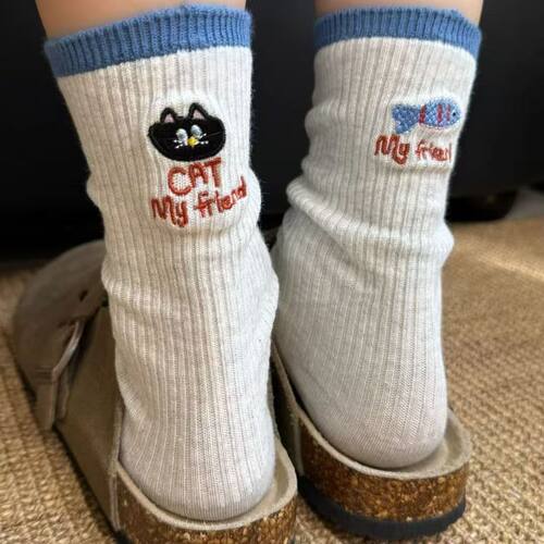 韩版刺绣小猫与鱼袜子女春夏卡通