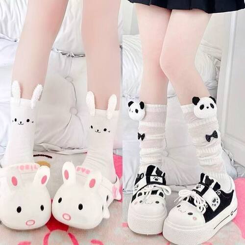 Lolita卡通玩偶熊猫堆堆袜白色兔