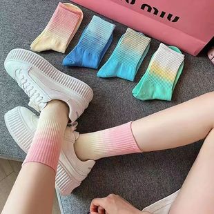 棉袜运动防臭透气吸汗长袜 渐变色春秋袜子女中筒袜ins潮日系四季