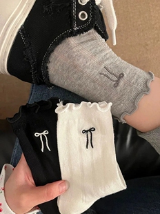 新款 潮款 春夏透气刺绣蝴蝶结简约女士棉质中筒袜子 少女木耳边