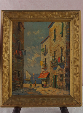 西洋收藏品美国手工制作实木画框风景印刷画复古居家装饰挂画摆件