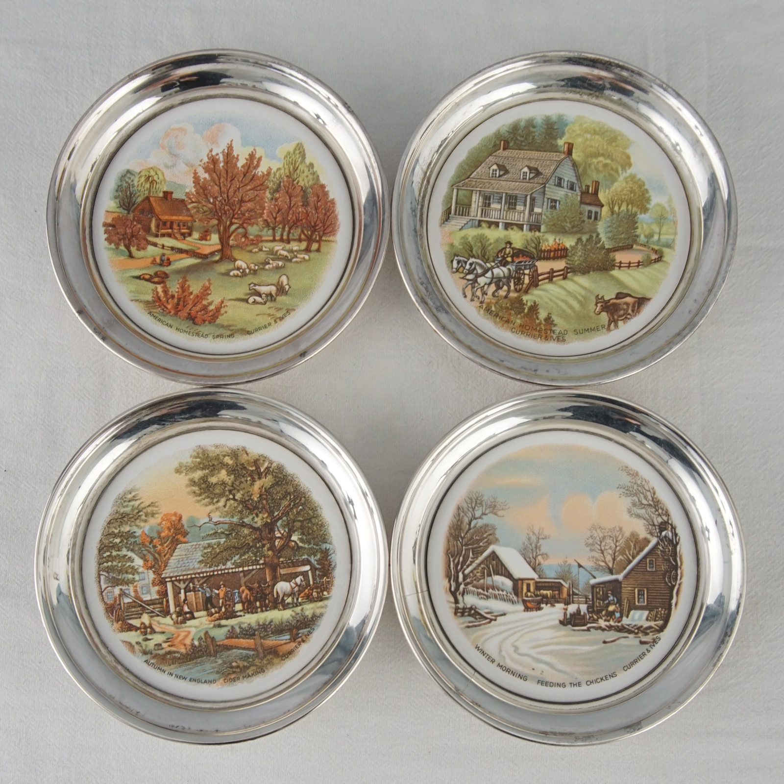 西洋收藏品 英国手工制作Sheridan银陶瓷杯垫一套 餐厅装饰摆件