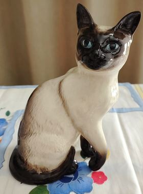 西洋收藏品 英国手工制作陶瓷暹罗猫 欧式复古可爱瓷偶装饰摆件