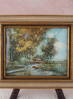 西洋收藏品 美国实木画框凸面镜玻璃风景装饰画 中古挂画装饰摆件