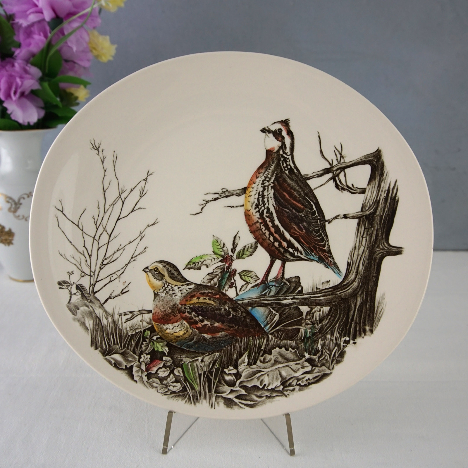 西洋收藏品英国johnson bros手工刻板鹌鹑陶瓷盘中古摆盘装饰摆件