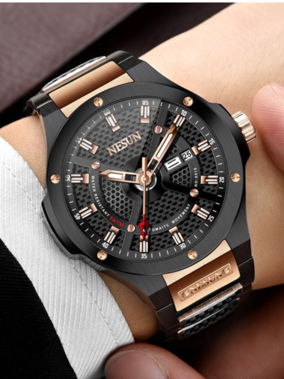 尼尚品牌正品全自动机械手表男士运动大表盘钢带夜光防水潮流大气