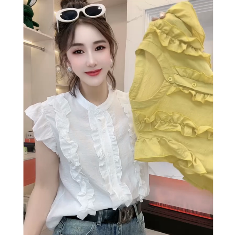 欧洲站夏季新款单排扣木耳边衬衫女今年流行洋气减龄修身显瘦上衣