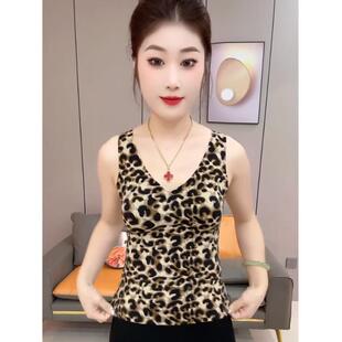 豹纹吊带背心女秋冬内搭一体式 加厚保暖美背文胸聚拢收副乳打底衫