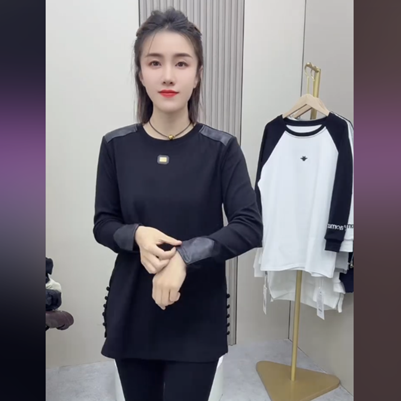 中长款打底衫女2025冬季新款加绒拼皮长袖T恤气质上衣百搭减龄