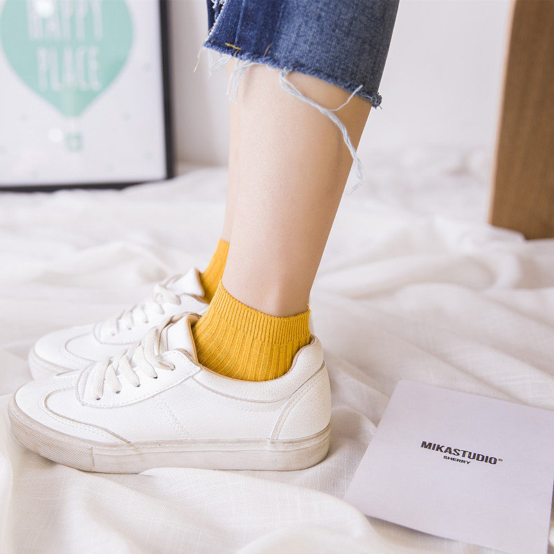 袜子女 春夏新款 竖条纹双针女士纯色船袜 百搭糖果色全棉船袜