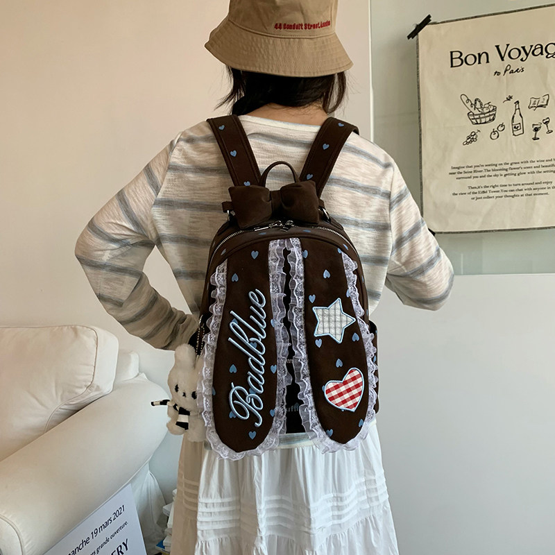 少女风蕾丝兔耳双肩包