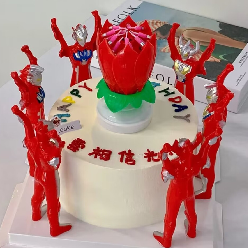 网红音乐莲花灯蛋糕装饰摆件创意旋转荷花开花生日唱歌蜡烛派对