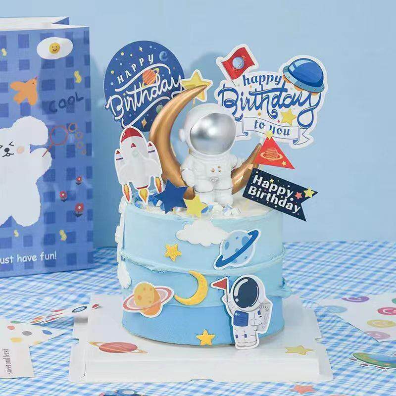 宇航员航天员飞碟星球宇宙月亮男孩甜品台蛋糕装饰插件儿童生日