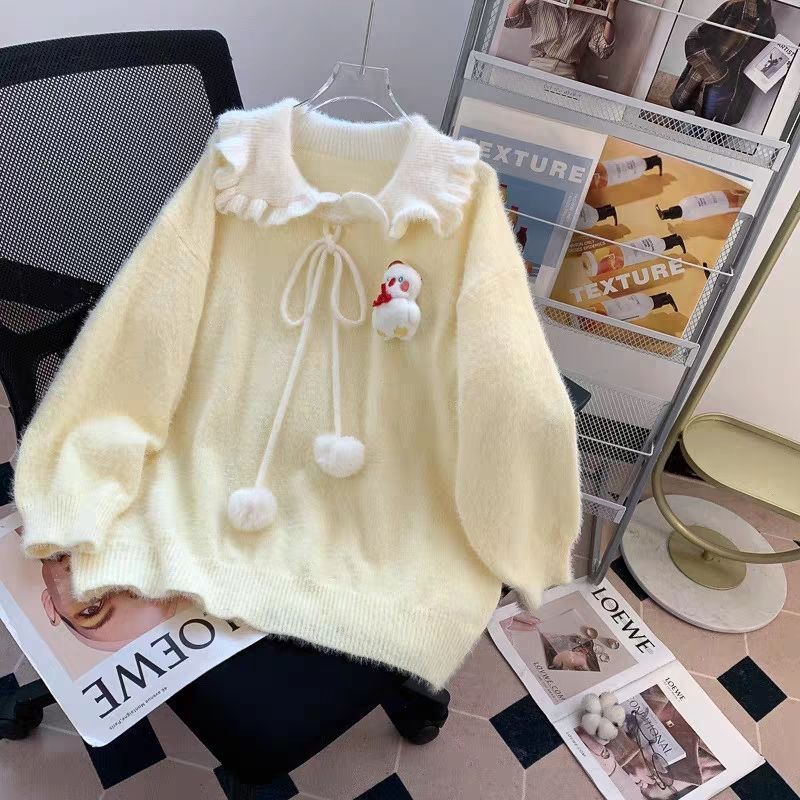 奶呼呼软糯可爱甜美风娃娃领毛衣女秋冬超好看仿貂毛针织衫上衣服