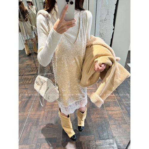 小侨jofay 设计感丝绒吊带裙 蕾丝拼接连衣裙