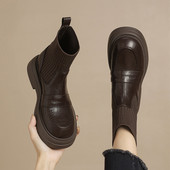 ladyblack3340大小码 子41 43圆头厚底高跟针织拼接袜子瘦瘦短靴女