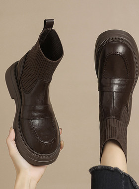 ladyblack3340大小码子41-43圆头厚底高跟针织拼接袜子瘦瘦短靴女