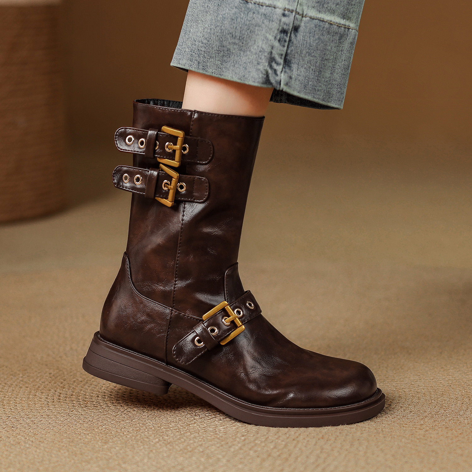 秋冬厚底侧拉链大码骑士靴4142