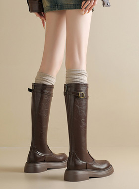 ladyblack后拉链显瘦直筒长靴女冬厚底中跟大码高筒骑士靴子41-43