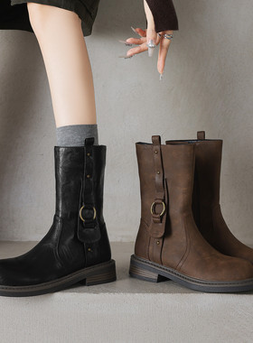ladyblack超软平底侧拉链复古短靴女秋冬大码低跟西部骑士靴41-43