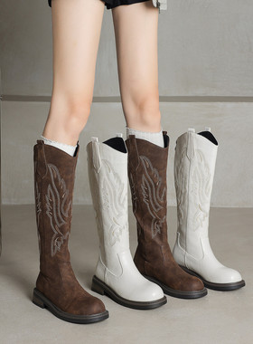 ladyblack春秋刺绣复古大码41-43长靴女低跟后拉链高筒西部骑士靴