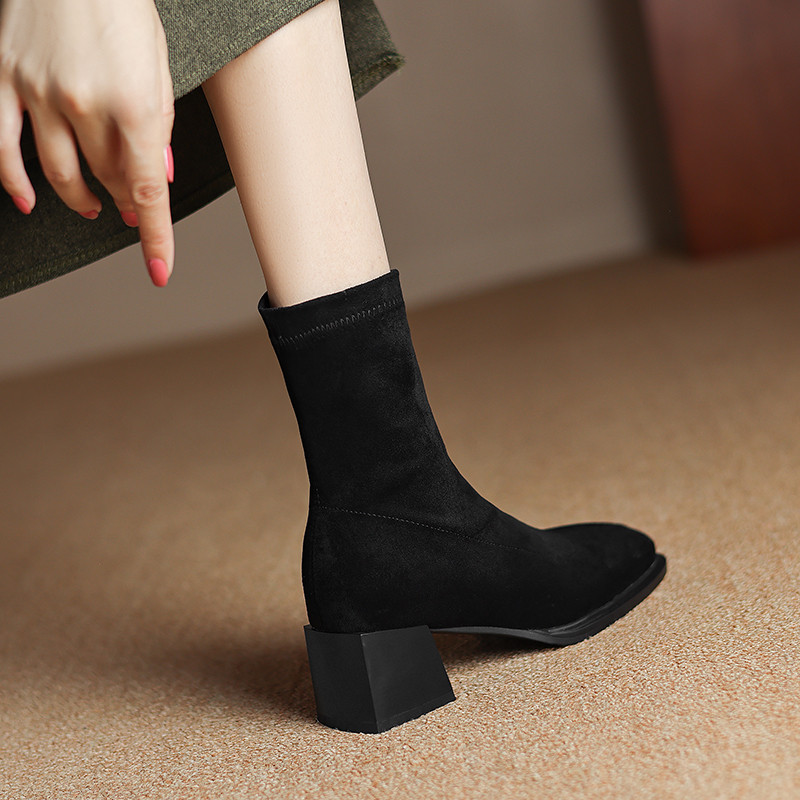 方头绒面弹力瘦瘦套筒短靴女
