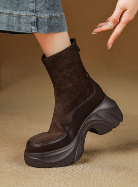 ladyblack厚底松糕短靴女弹力瘦瘦靴高跟增高马丁靴32大小码41-43