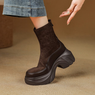 ladyblack厚底松糕短靴女弹力瘦瘦靴高跟增高马丁靴32大小码41-43