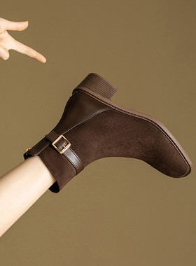 ladyblack皮带扣后拉链粗跟短靴女秋冬复古骑士靴子3340大码41-43