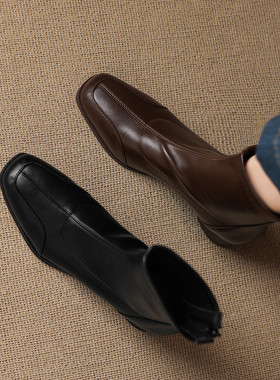 ladyblack粗中跟后拉链弹力瘦瘦短靴女秋冬小方头大码单靴子41-43