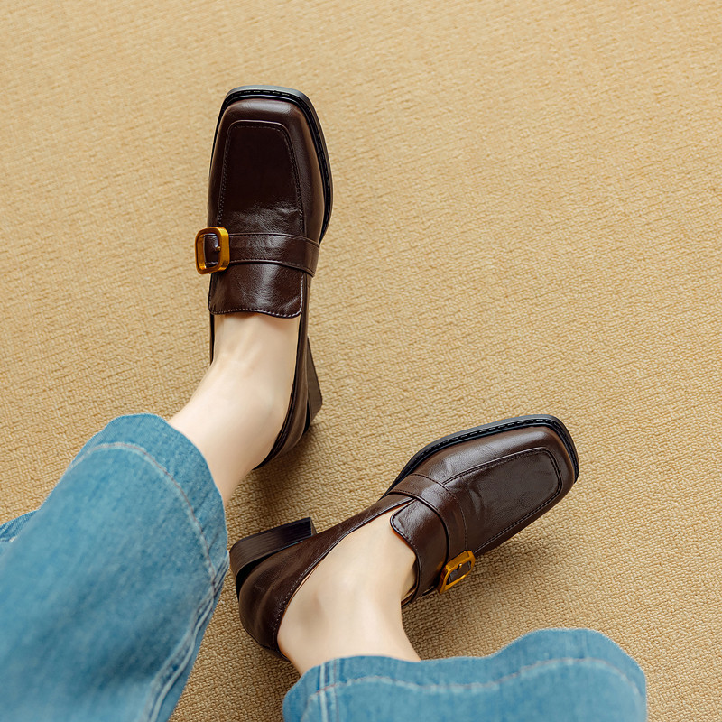 方头显瘦一脚蹬懒人超软乐福单鞋