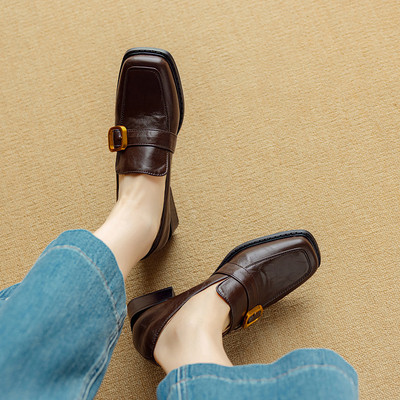 方头显瘦一脚蹬懒人超软乐福单鞋