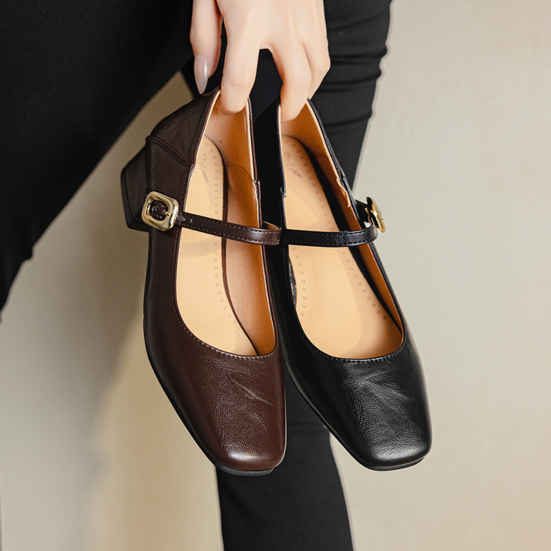 浅口方头一字扣带玛丽珍单鞋女