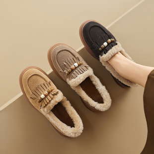ladyblack 流苏珍珠乐福鞋女冬羊皮毛一体保暖毛毛大码棉单鞋4142