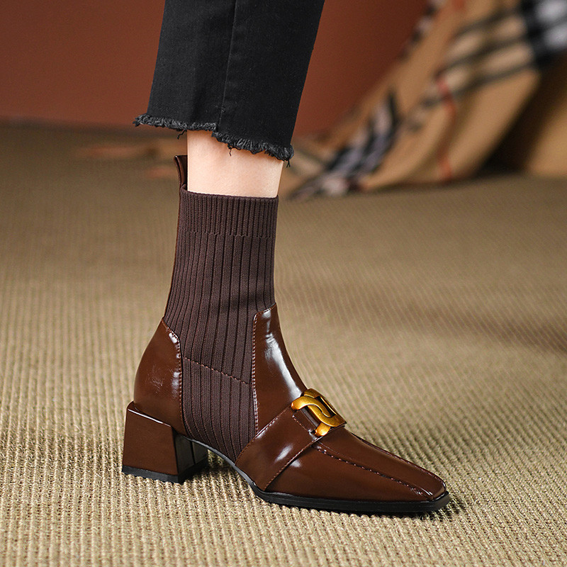 粗高跟方头袜子针织短靴女秋冬