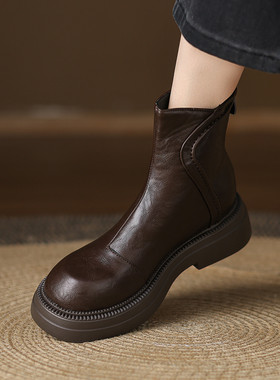 ladyblack厚底中跟显瘦后拉链软底单靴子秋冬圆头大码短靴女41-43
